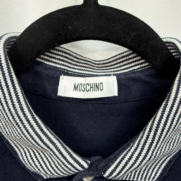 Moschino Navy Blue Heart Detail Stripe Collar 3 Button Polo Men Medium - Picture 2 of 7